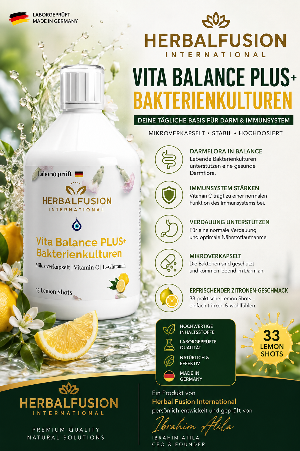 vita balance plus+ bakterienkulturen - 33 vegane lemon shots - 500ml