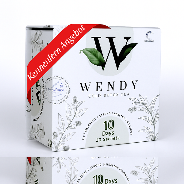 Grüner Detox-Tee von Wendy als Pulver in stilvollem Beutel – enthält Goji, Himbeere, Lotus und Chitosan zur sanften Entgiftung und Unterstützung des Stoffwechsels