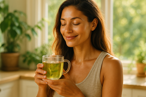 Sehr schönes Bild wo eine Frau Detox Tee trinkt und dadurch glücklich wird und langsam aber sicher auch Wassereinlagerungen verliert⁸