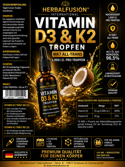 Vitamin D3 + K2 - 1.700 Tropfen (1.000 I.E.) - 50ml